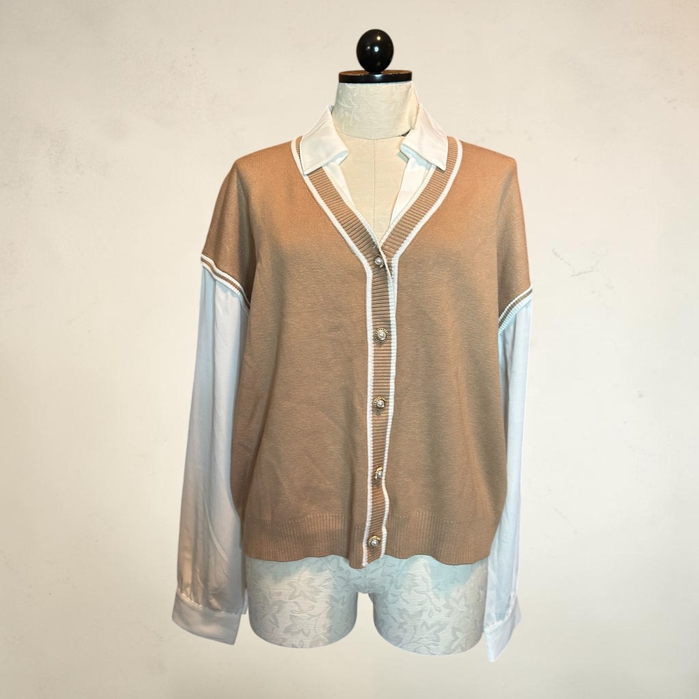 Adrianna Papell Preppy Mixed Media Cardigan Sweater Tan White Pearl Button Sz XL